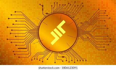 Aave el símbolo criptodivisa de LEND del proyecto DeFi en círculo con pistas PCB sobre fondo dorado. Icono de moneda. Programas de financiación descentralizada. EPS10 vectores.