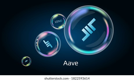 Aave símbolo LEND en burbuja de jabón, moneda DeFi proyecto de financiación descentralizada. La pirámide financiera estallará pronto y se destruirá. EPS10 vectores.