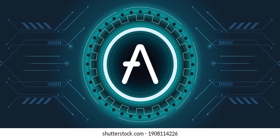 Aave-Token-Symbol mit kryptowährungsthematischem Hintergrund-Design. Modern blauer Neonfarbbanner für Logo-Icon. Blockchain Technologie, dezentralisiertes Finanzierungskonzept. Vektorgrafik