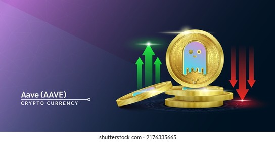 Aave token cryptocurrency banner. Future currency on blockchain stock market with red-green arrows up and down. Gold coins crypto currencies. Banner for news on a solid background. 3D Vector.