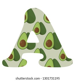 A-avocado vector cute letter. Vector fruit alphabet. 