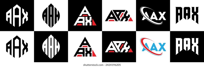 AAX letter logo design in six style. AAX polygon, circle, triangle, hexagon, flat and simple style with black and white color variation letter logo set in one artboard. AAX minimalist and classic logo