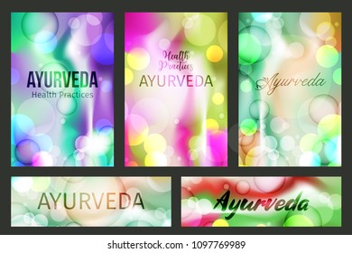 Aayurveda brochure templates and horizontal banners for wellness and cosmetic design. Blurred colorful backgrounds for presentation in pink or ultraviolet, green, yellow and violet colors.
