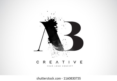 AB A B Letter Logo Design with Black Ink Watercolor Splash Spill Vector Illustration.