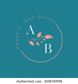 AB or A B organic letter logo design on a circle shape frame with botanical flower elements, vector illustration. Natural pastel icon.