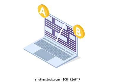 A-B comparison. Split testing isometric concept. Vector illustration.