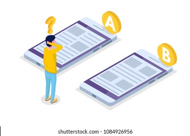 A-B Comparison. Split Testing Isometric Concept. Vector Illustration.