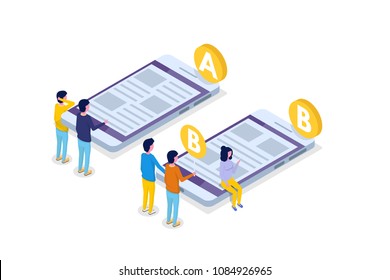 A-B comparison. Split testing isometric concept. Vector illustration.