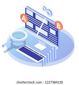 A-B comparison. Split testing isometric concept. Vector illustration.