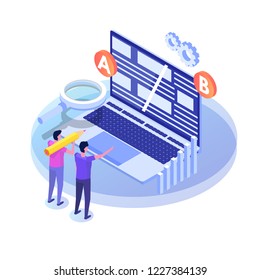 A-B comparison. Split testing isometric concept. Vector illustration.