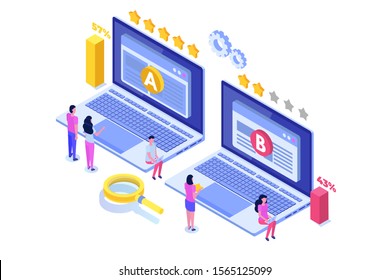 A-B comparison. Split testing isometric concept. Vector illustration.