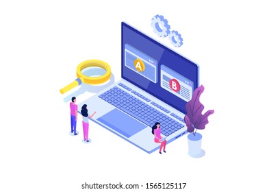 A-B comparison. Split testing isometric concept. Vector illustration.