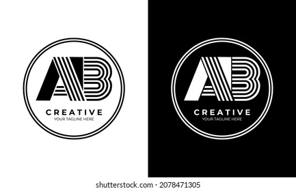 AB Creative Letters Logo Monogram with Black Solid and Line in Circle, Vector Design, Emblem, Symbol  on Black and white Background