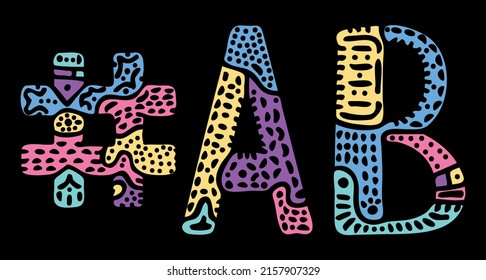 AB Hashtag. Multicolored bright isolate curves doodle letters. Hashtag #AB is abbreviation for the Canadian Alberta for social network, Canada web resource, mobile apps.