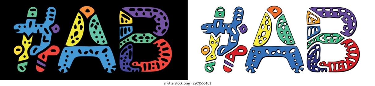 AB Hashtag. Multicolored bright isolate curves doodle letters. Hashtag #AB is abbreviation for the Canadian Alberta. Set for social network, web resources, mobile apps.