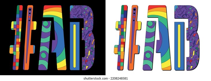 AB Hashtag. Unique colorful font. Multicolored bright isolate curves doodle letters. #AB is abbreviation for the Canadian Alberta. Set for social network, web resources, print, booklet, banner, flyer.