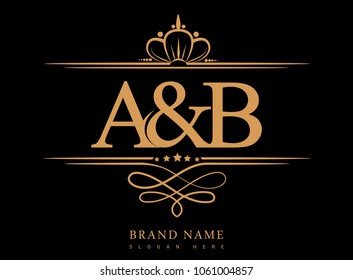 A&B Initial logo, Ampersand initial logo gold with crown and classic pattern