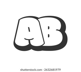 AB logo, bubble comic lettering, rounded in graffiti style black and white silhouette. Trendy preschool A and B letter text for festival party, personal initials, children funky print and web. 