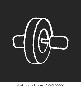 Icono de tiza blanca sobre fondo negro. Equipo deportivo para entrenamiento en casa. Equipamiento deportivo de gimnasia. Rueda de rodadura para entrenamiento de fuerza muscular del abdomen. Ilustración de pizarra vectorial aislada
