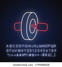 Ab roll neon light icon. Outer glowing effect. Sport gear for workout at home sign with alphabet, numbers and symbols. Athletic gym equipment. Vector isolated RGB color illustration