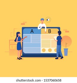 A/B Split Testing. Laptop Screen Showing Two Versions Of A Webpage With Different Statistical Distribution Of Positive Feedback. Flat Style Vector Illustration Isolated On White Background.