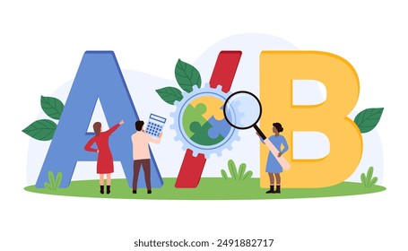 AB test, bucket testing, user experience research methodology. Tiny people compare versions of webpage, software or mobile app, examine AB text with magnifying glass cartoon vector illustration