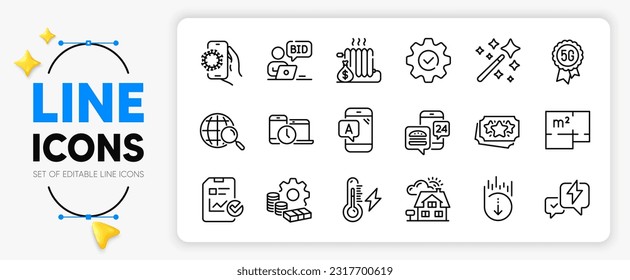 Ab testing, 5g technology and Execute line icons set for app include Electricity power, Web search, Lightning bolt outline thin icon. Loyalty points, Time management, Radiator pictogram icon. Vector