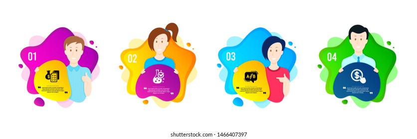 Ab testing, Accounting wealth and Chemistry lab icons simple set. People shapes timeline. Buy currency sign. Test chat, Audit report, Laboratory flask. Money exchange. Technology set. Vector