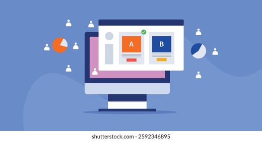 AB testing for advertising campaign, Digital advertising performance analysis, AB testing in digital marketing - vector illustration with icons