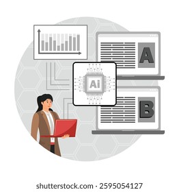 A-B Testing and AI Enhanced Marketing Abstract Concept. Woman carrying laptop to do Marketing and Advertising. Optimizing A-B testing. Flat vector modern illustration 