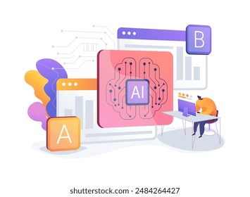 A-B Testing and AI-Refined Marketing abstract concept vector illustration. Marketing and Advertising. Optimize A-B tests, marketing performance based on results AI Technology. abstract metaphor.