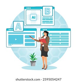 A-B Testing and AI-Refined Marketing concept. Marketing and Advertising. Optimize A-B tests, marketing performance based on results AI Technology.Woman standing near AI.