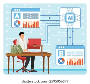 A-B Testing and AI-Refined Marketing concept. Marketing and Advertising. Optimize A-B tests, marketing performance based on results AI Technology. Flat vector modern illustration  