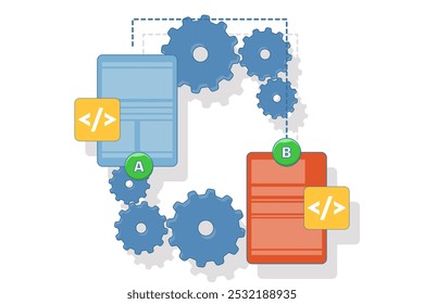 AB testing concept, Comparison of separate wireframe applications on smart device display, comparing test results between 2 website design pages. Flat vector illustration.