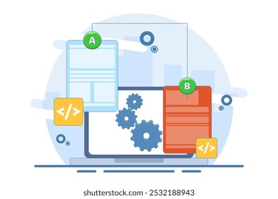 AB testing concept, Comparison of separate wireframe applications on smart device display, comparing test results between 2 website design pages. Flat vector illustration.