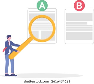 AB testing concept, Comparison of separate wireframe applications on smart device display, comparing test results between 2 website design pages. Flat vector illustration.

