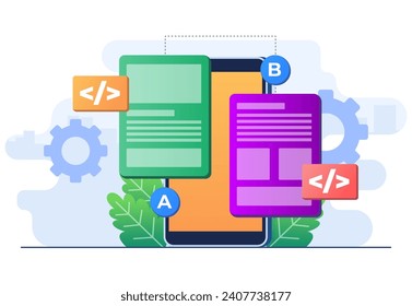 Prueba AB concepto de ilustración plana plantilla vectorial para banner de sitio web, aplicación de trama dividida de comparación en el smartphone de pantalla, comparar resultados de prueba entre 2 páginas de diseño de sitio web