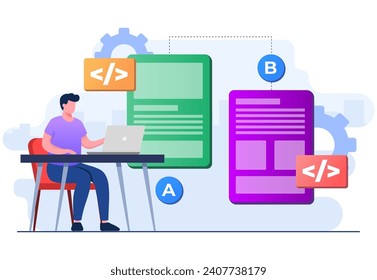 AB testing concept flat illustration vector template for website banner, Comparison split wireframe application on display smartphone, compare test result between 2 page of website design