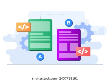 AB testing concept flat illustration vector template for website banner, Comparison split wireframe application on display smartphone, compare test result between 2 page of website design