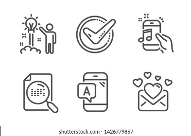 Ab testing, Confirmed and Creative idea icons simple set. Search file, Music phone and Love mail signs. Phone test, Accepted message. Technology set. Line ab testing icon. Editable stroke. Vector