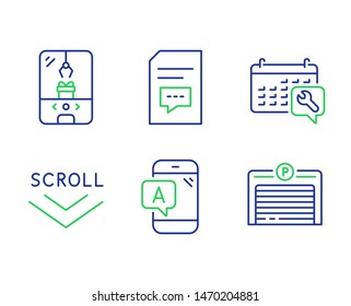 Ab testing, Crane claw machine and Spanner line icons set. Scroll down, Comments and Parking garage signs. Phone test, Attraction park, Repair service. Swipe screen. Business set. Vector