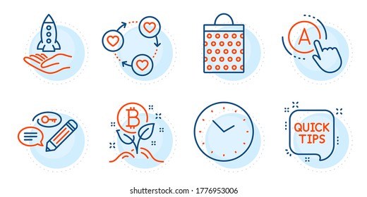 Ab testing, Crowdfunding und Bitcoin Projektzyklen. Shopping-Tasche, Time and Friends Community-Symbole gesetzt. Schnelle Tipps, Schlagwörter Symbole. Papierpaket, Uhr. Business Set. Konzentrierte Symbole Vektorgrafik