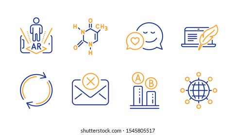 Ab testing, Dating and Reject mail line icons set. Full rotation, Augmented reality and Chemical formula signs. Copyright laptop, International globe symbols. Test chart, Love messenger. Vector