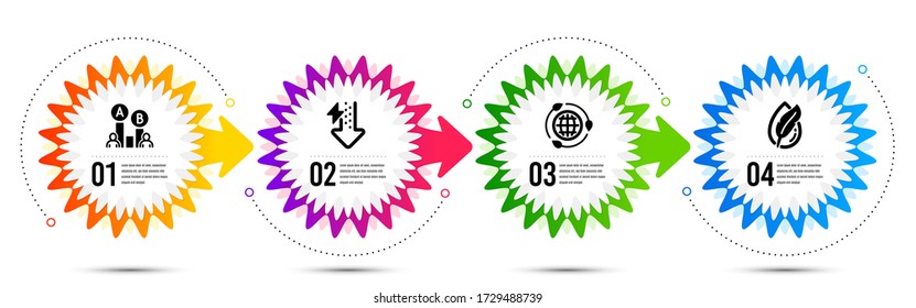 Ab testing, Energy drops and Hypoallergenic tested icons simple set. Timeline steps infographic. Eco energy sign. Test chart, Power usage, Feather. Ecology. Science set. Vector