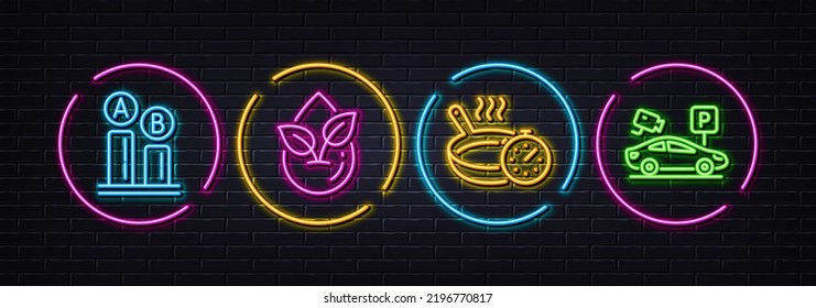 Ab testing, Frying pan and Organic product minimal line icons. Neon laser 3d lights. Parking security icons. For web, application, printing. Test chart, Cooking timer, Leaf. Video camera. Vector