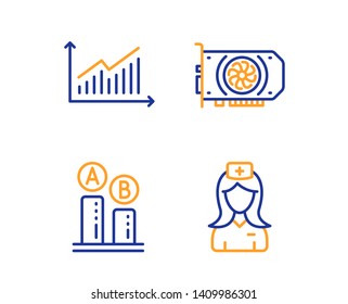 Ab testing, Graph and Gpu icons simple set. Hospital nurse sign. Test chart, Presentation diagram, Graphic card. Medical assistant. Science set. Linear ab testing icon. Colorful design set. Vector