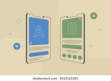 AB testing graphics, mobile app split test comparison icons, data analysis and experiment results, marketing strategy visualization, conversion rate optimization. AB testing illustration with icons