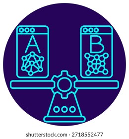A-B Testing Icon. Minimalistic neon outline on a dark blue round background. A stylish vector illustration of a balance scale with screens 'A' and 'B' (each featuring a neural network) and a central gear mechanism, symbolizing model comparison, solution benchmarking, and hypothesis testing in data science