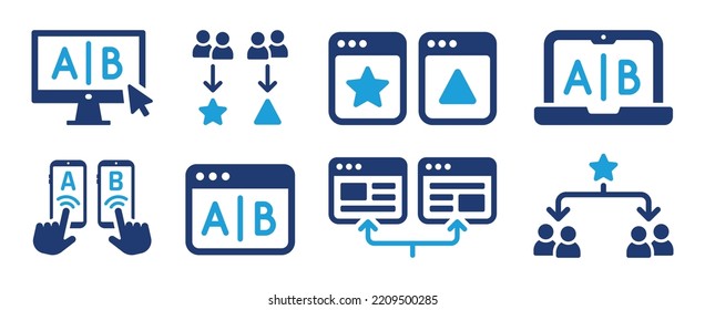 AB testing icon set. A or B split testing concept. Comparing test result between 2 page of the website. Conversion concept.