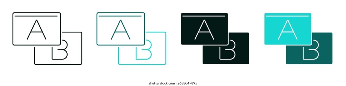 Conjunto de ícones de teste AB. Conceito de mídia social, marketing ou negócio. Linha, cor sólida ou símbolo de preto para Web e IU. Ilustração editável de traçado vetorial. Perfeito para aplicativos e plataformas digitais.